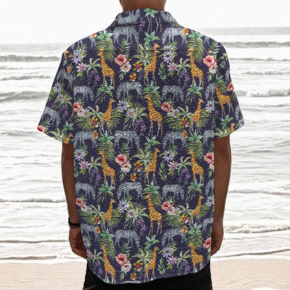 Tropical Zebra Giraffe Pattern Print Textured Short Sleeve Shirt