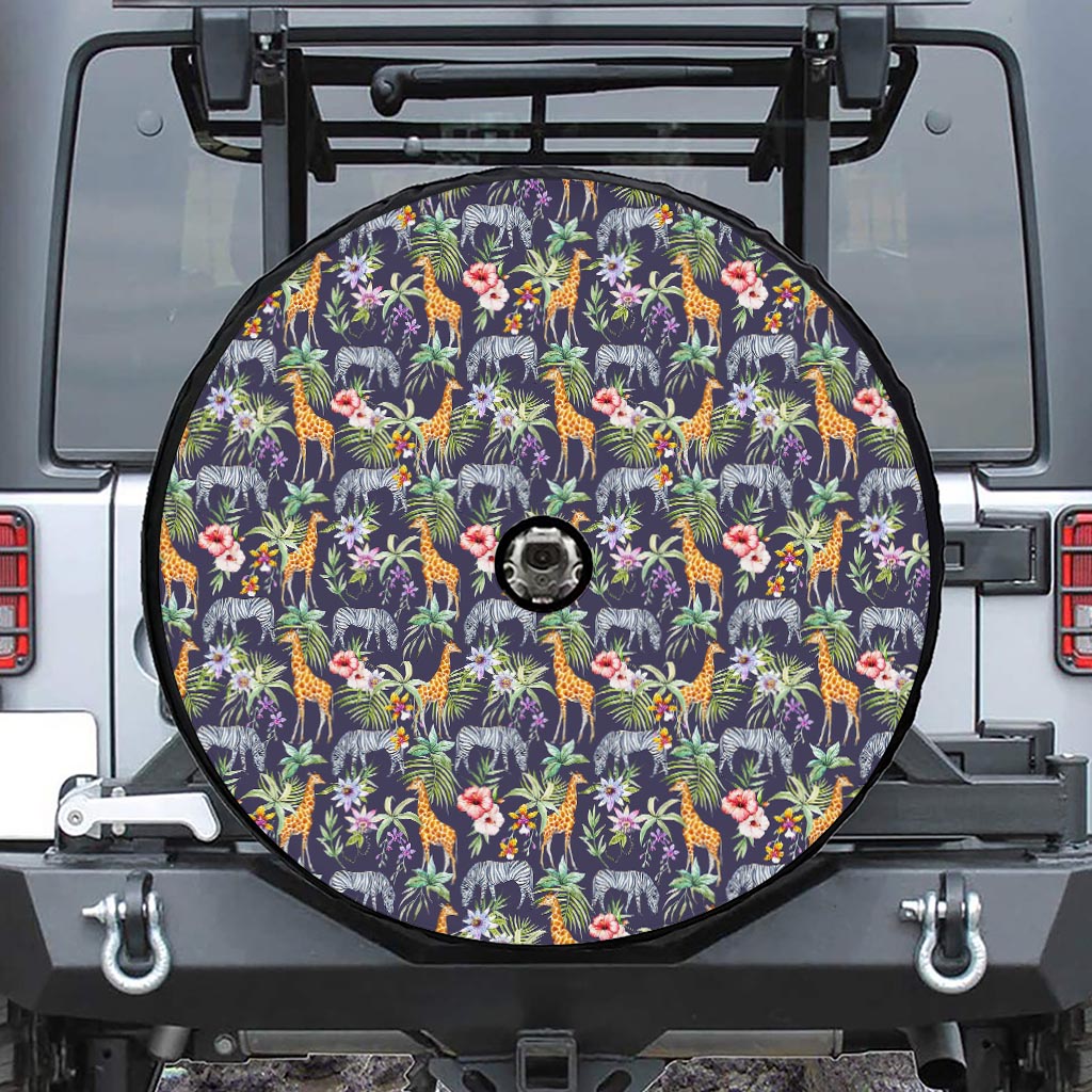 Tropical Zebra Giraffe Pattern Print Tire Cover With Camera Hole