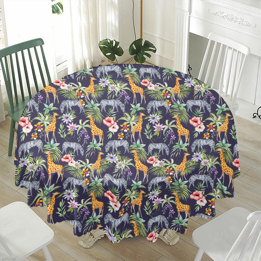 Tropical Zebra Giraffe Pattern Print Waterproof Round Tablecloth
