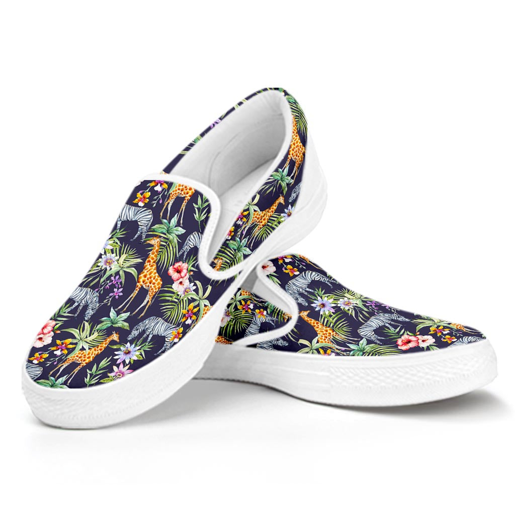 Tropical Zebra Giraffe Pattern Print White Slip On Sneakers