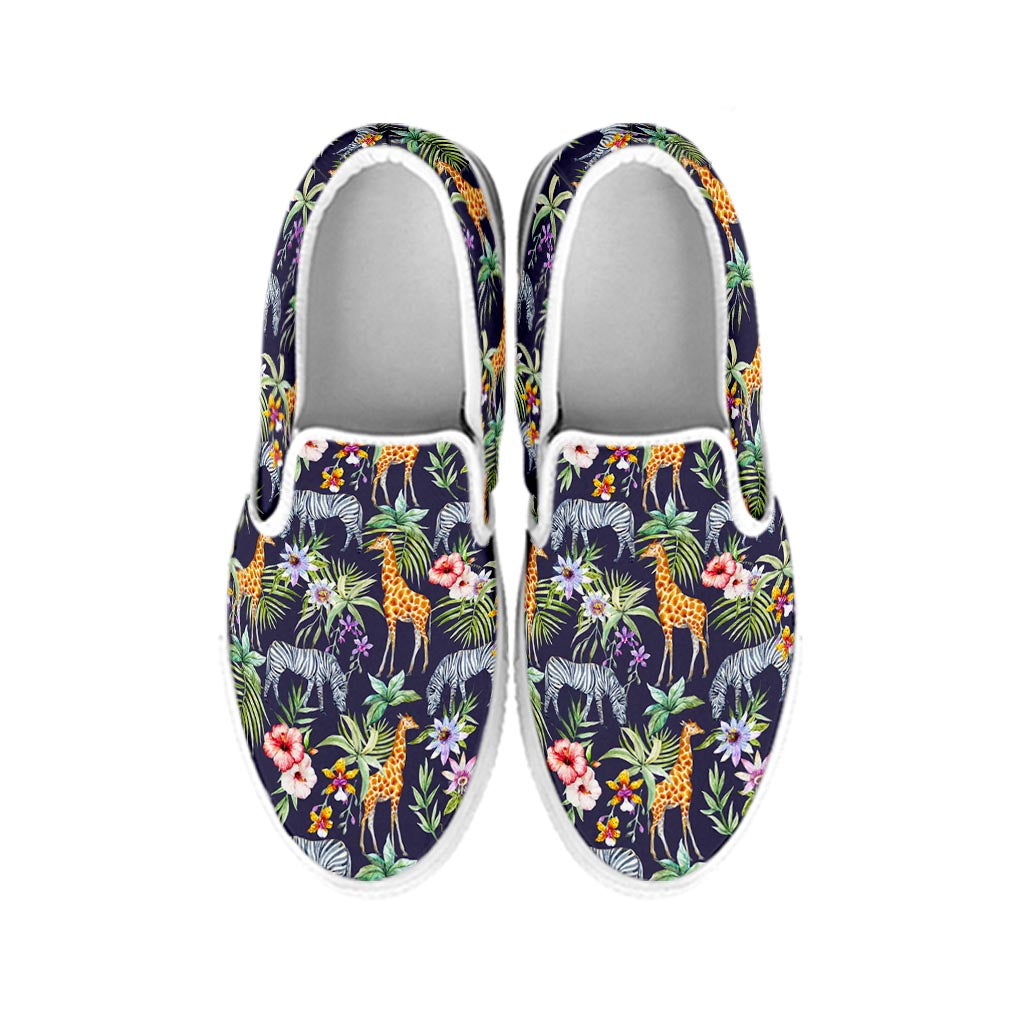 Tropical Zebra Giraffe Pattern Print White Slip On Sneakers