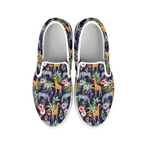 Tropical Zebra Giraffe Pattern Print White Slip On Sneakers