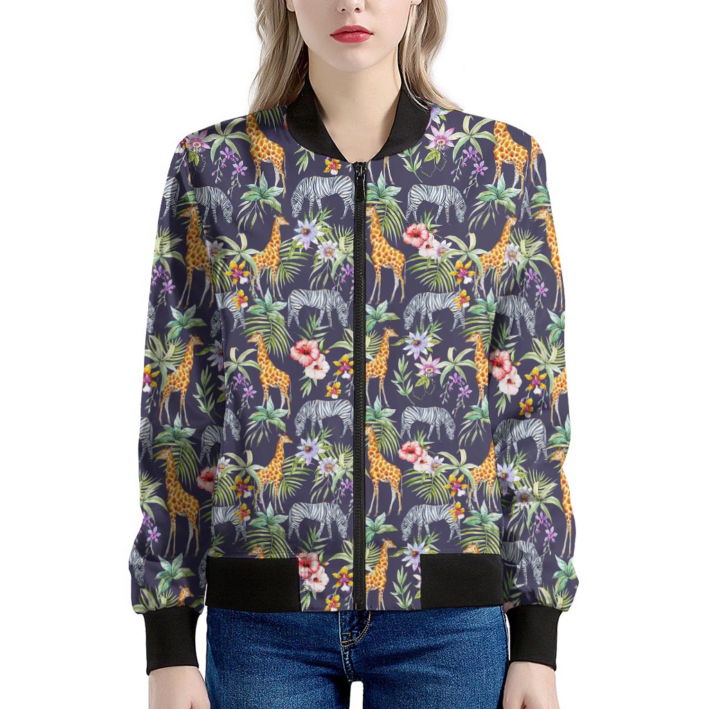 Tropical Zebra Giraffe Pattern Print Women's Bomber Jacket