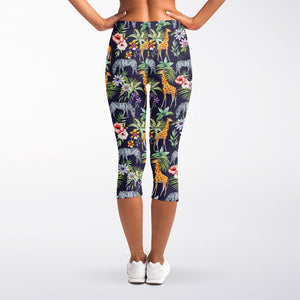 Tropical Zebra Giraffe Pattern Print Women's Capri Leggings