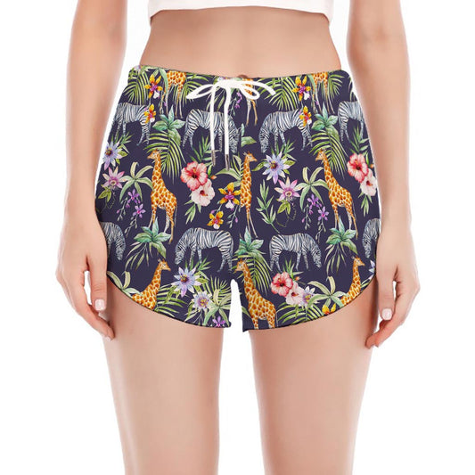 Tropical Zebra Giraffe Pattern Print Women's Split Running Shorts