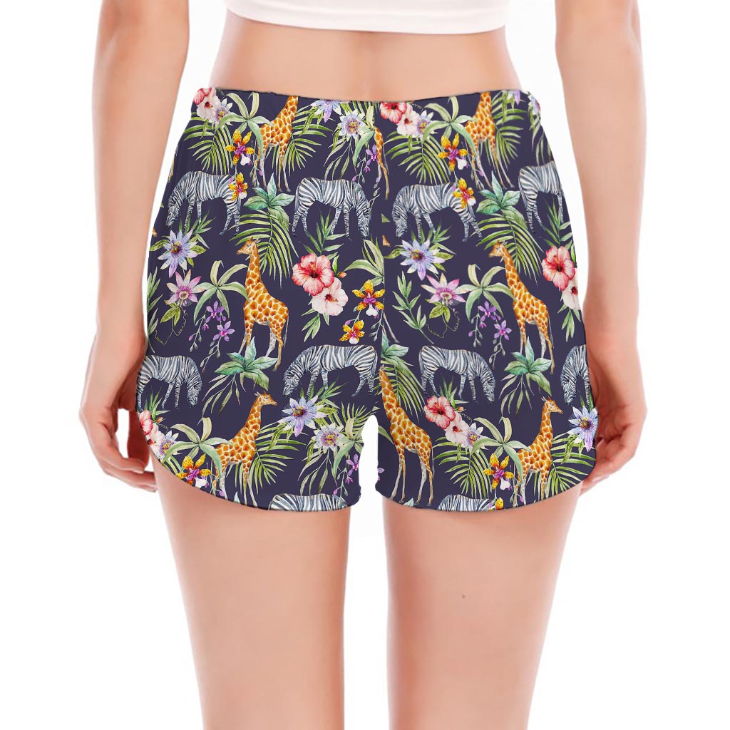 Tropical Zebra Giraffe Pattern Print Women's Split Running Shorts