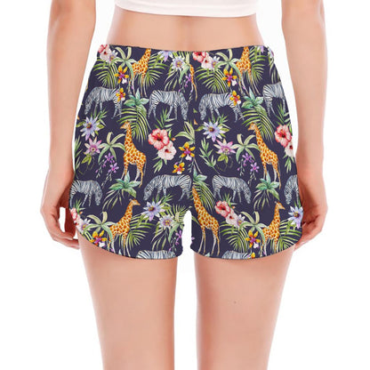 Tropical Zebra Giraffe Pattern Print Women's Split Running Shorts
