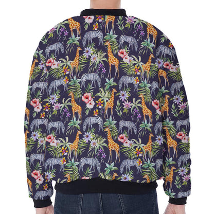 Tropical Zebra Giraffe Pattern Print Zip Sleeve Bomber Jacket