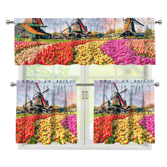 Tulip Field Print 3 Piece Kitchen Curtains