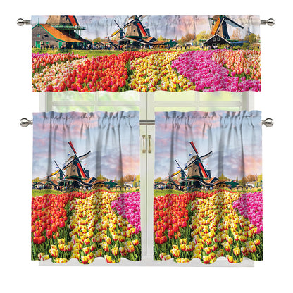 Tulip Field Print 3 Piece Kitchen Curtains