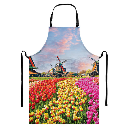 Tulip Field Print Bib Apron With Pocket