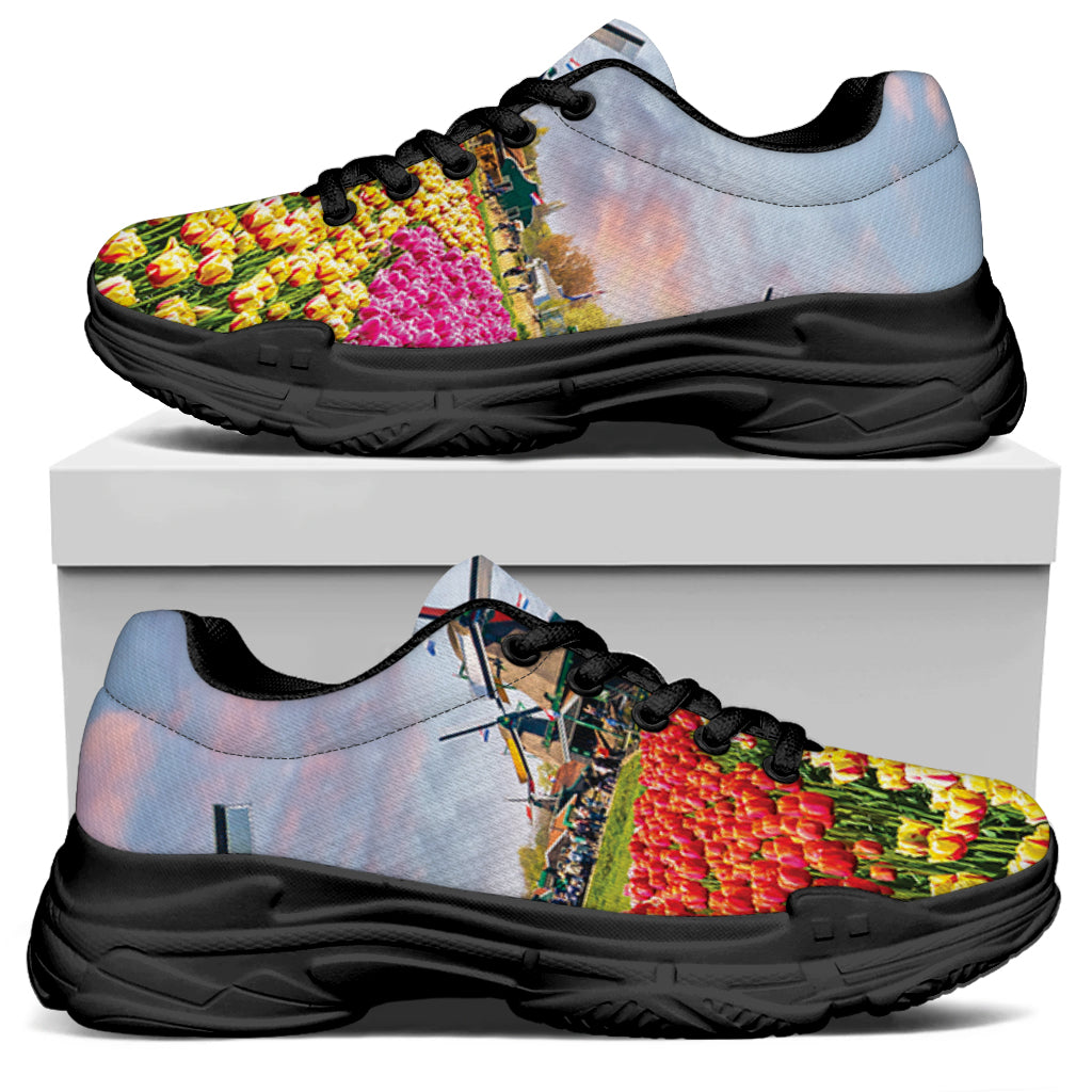 Tulip Field Print Black Chunky Shoes