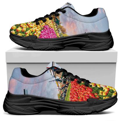 Tulip Field Print Black Chunky Shoes