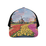 Tulip Field Print Black Mesh Trucker Cap