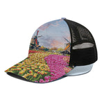 Tulip Field Print Black Mesh Trucker Cap