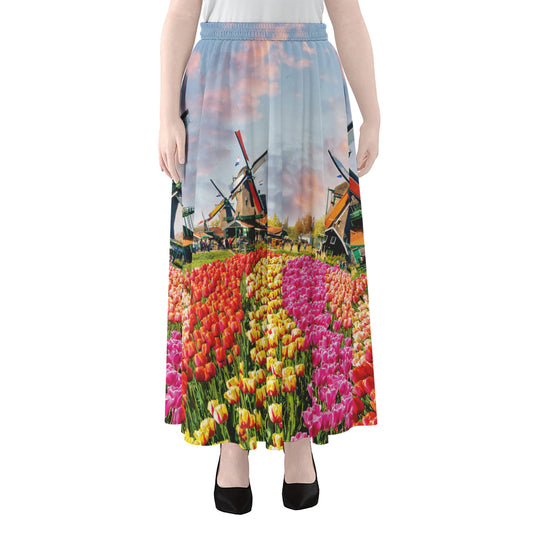 Tulip Field Print Chiffon Maxi Skirt