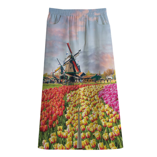 Tulip Field Print Cotton Front Slit Maxi Skirt