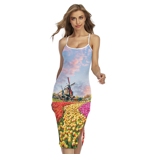 Tulip Field Print Cross Back Cami Dress