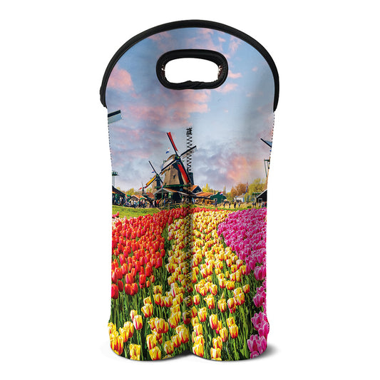 Tulip Field Print Double Neoprene Wine Tote