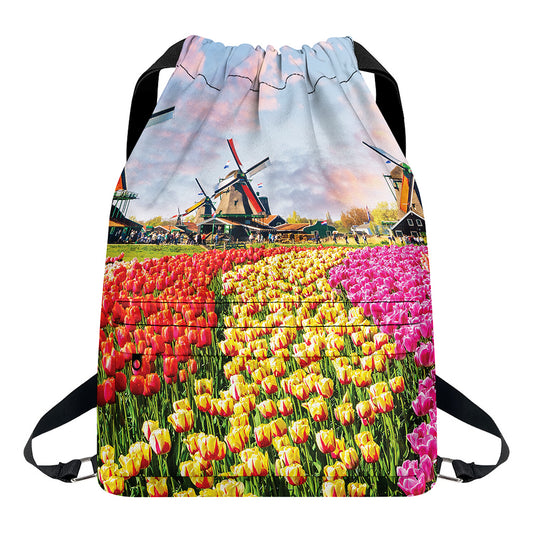 Tulip Field Print Drawstring Backpack
