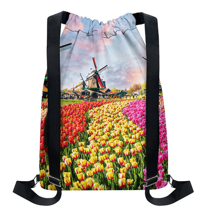 Tulip Field Print Drawstring Backpack