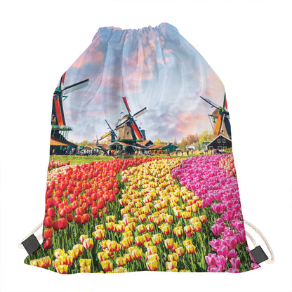Tulip Field Print Drawstring Bag