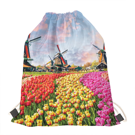 Tulip Field Print Drawstring Bag
