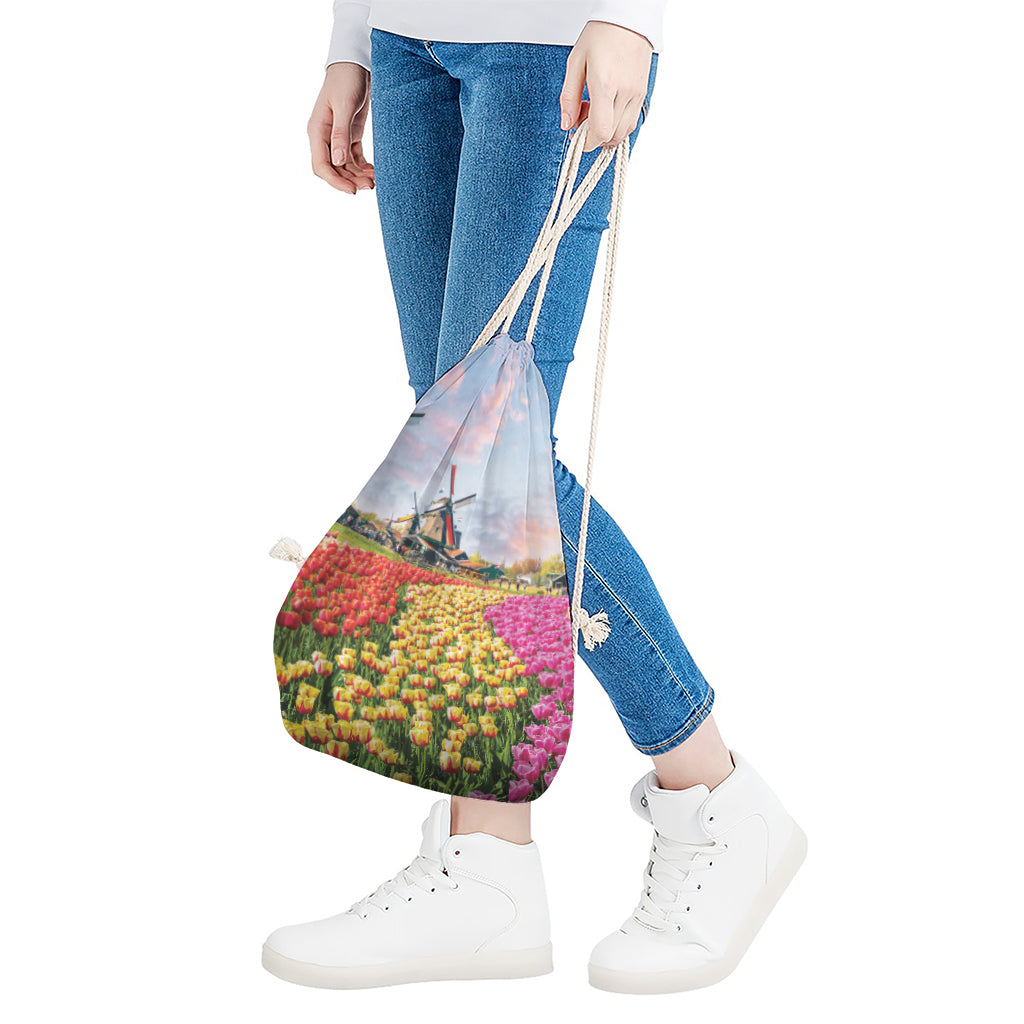 Tulip Field Print Drawstring Bag