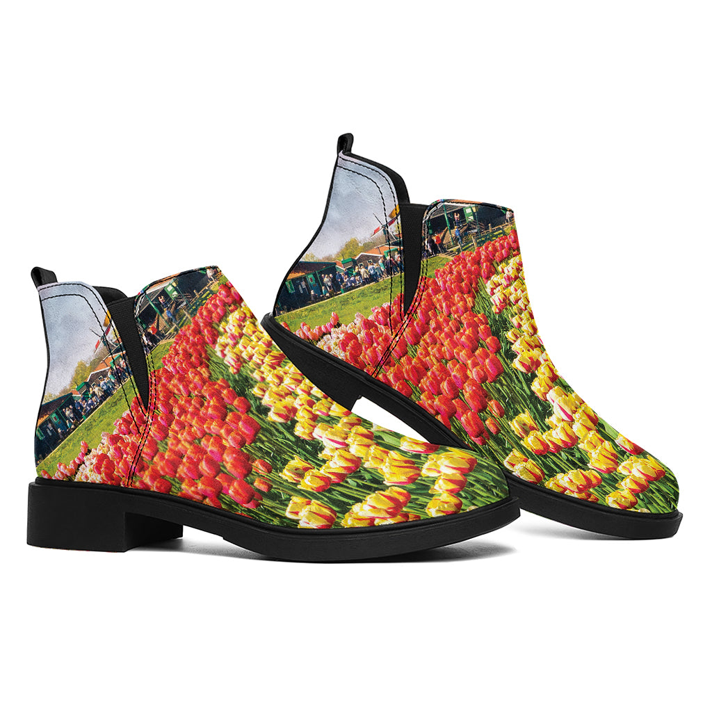 Tulip Field Print Flat Ankle Boots