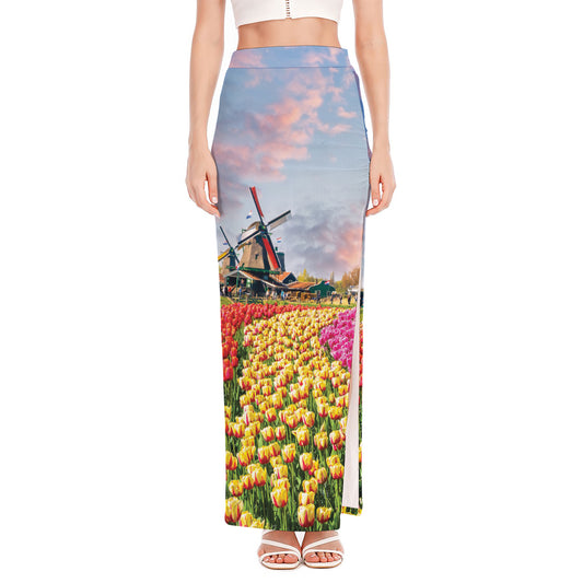 Tulip Field Print High Slit Maxi Skirt
