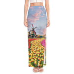 Tulip Field Print High Slit Maxi Skirt