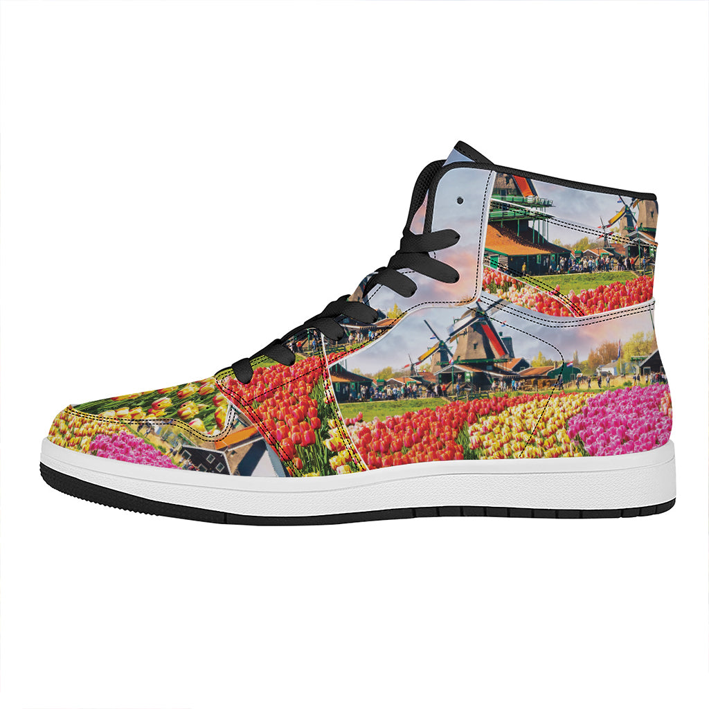 Tulip Field Print High Top Leather Sneakers