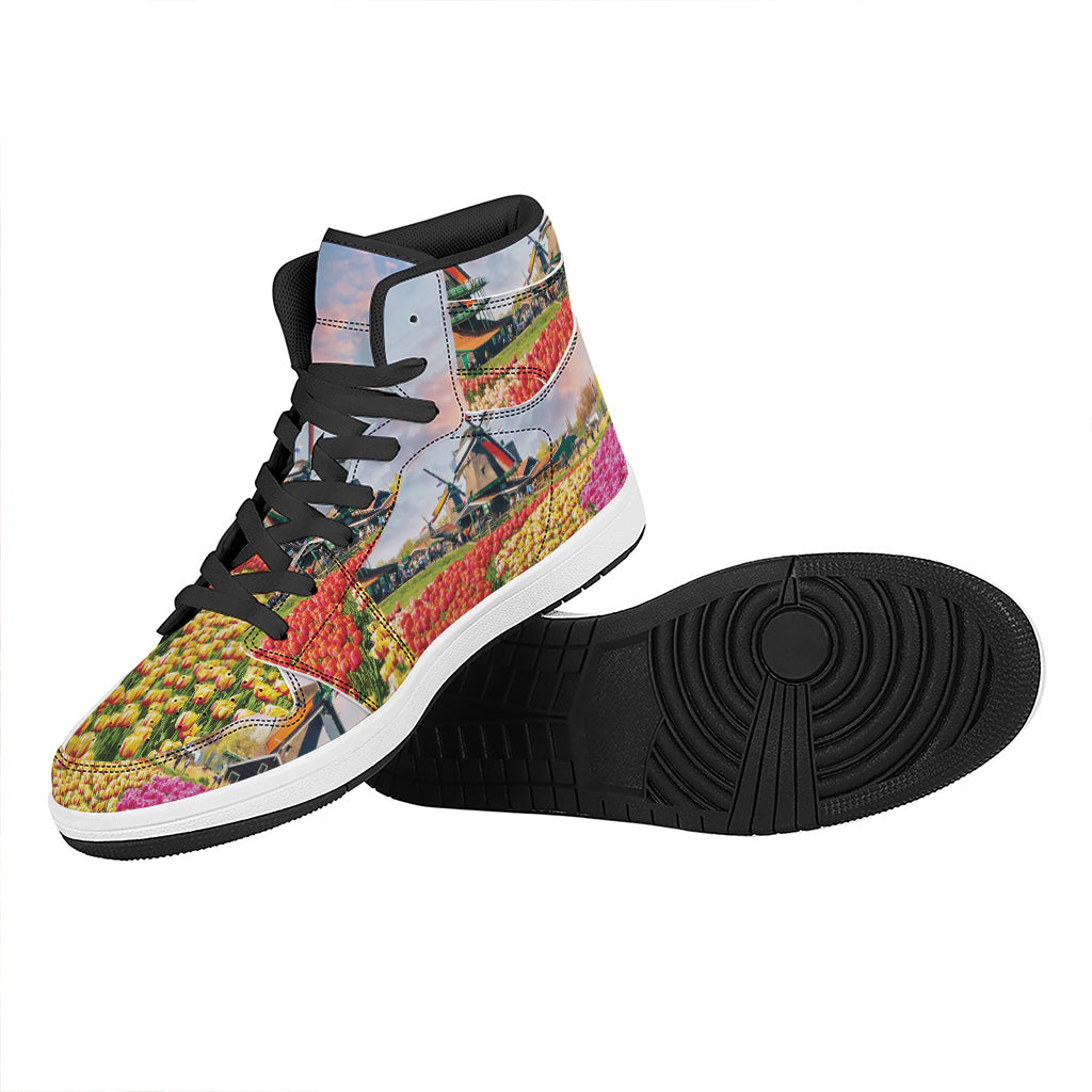 Tulip Field Print High Top Leather Sneakers
