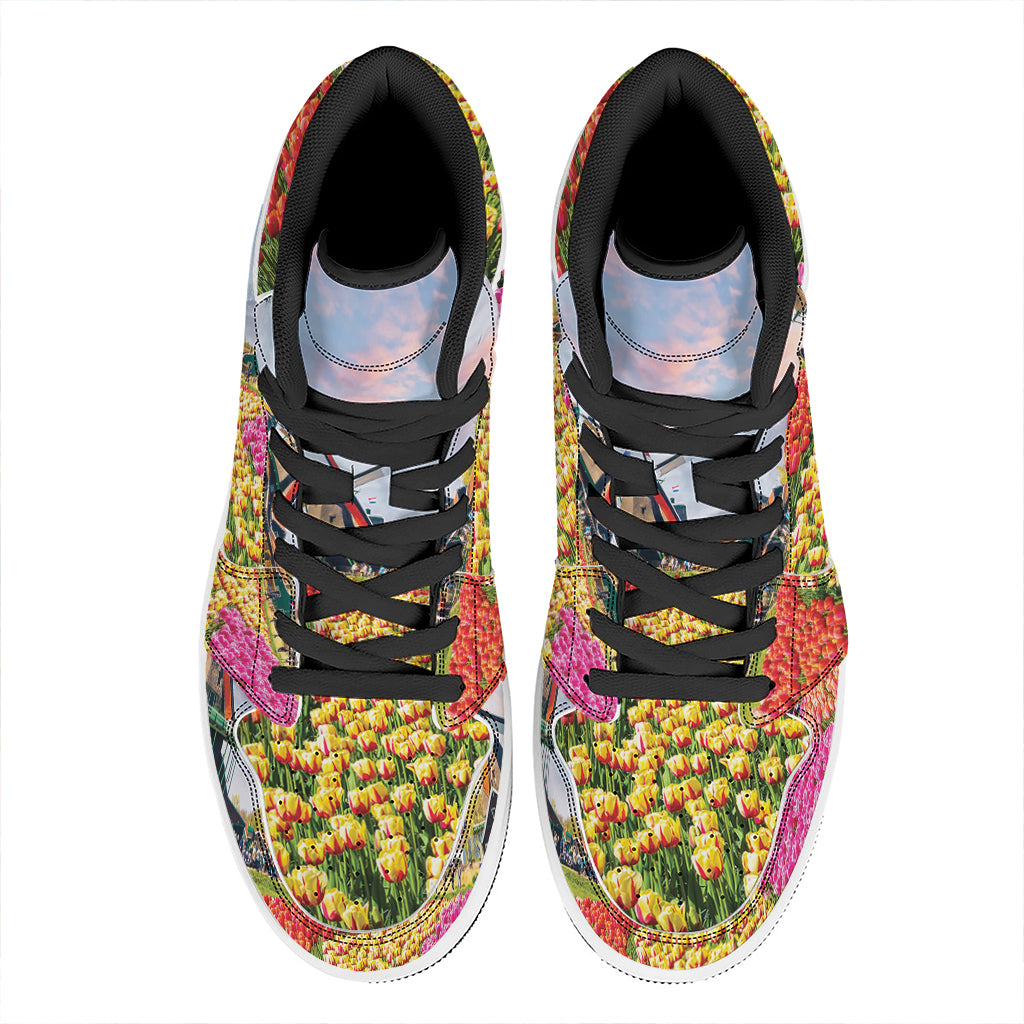 Tulip Field Print High Top Leather Sneakers