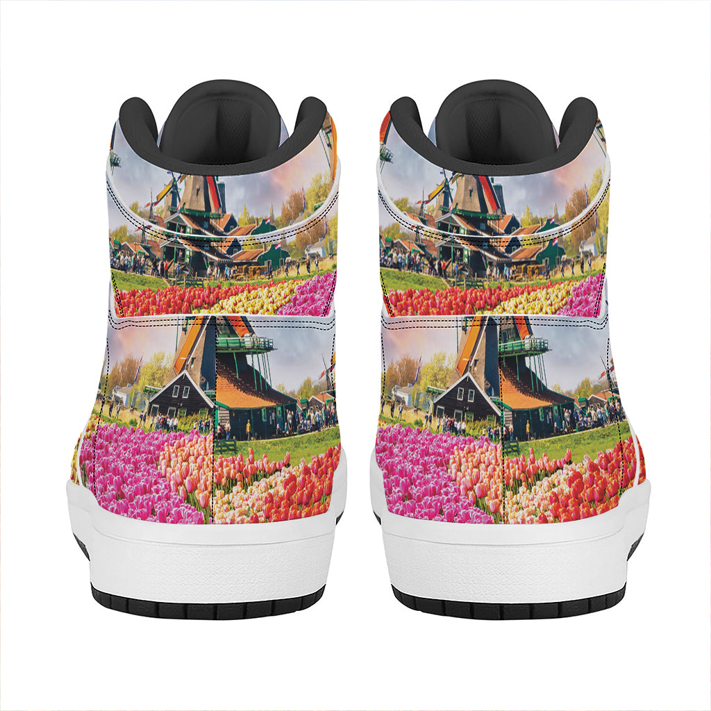 Tulip Field Print High Top Leather Sneakers