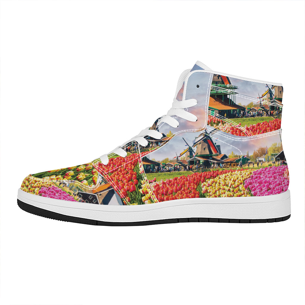 Tulip Field Print High Top Leather Sneakers