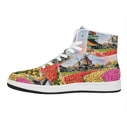 Tulip Field Print High Top Leather Sneakers