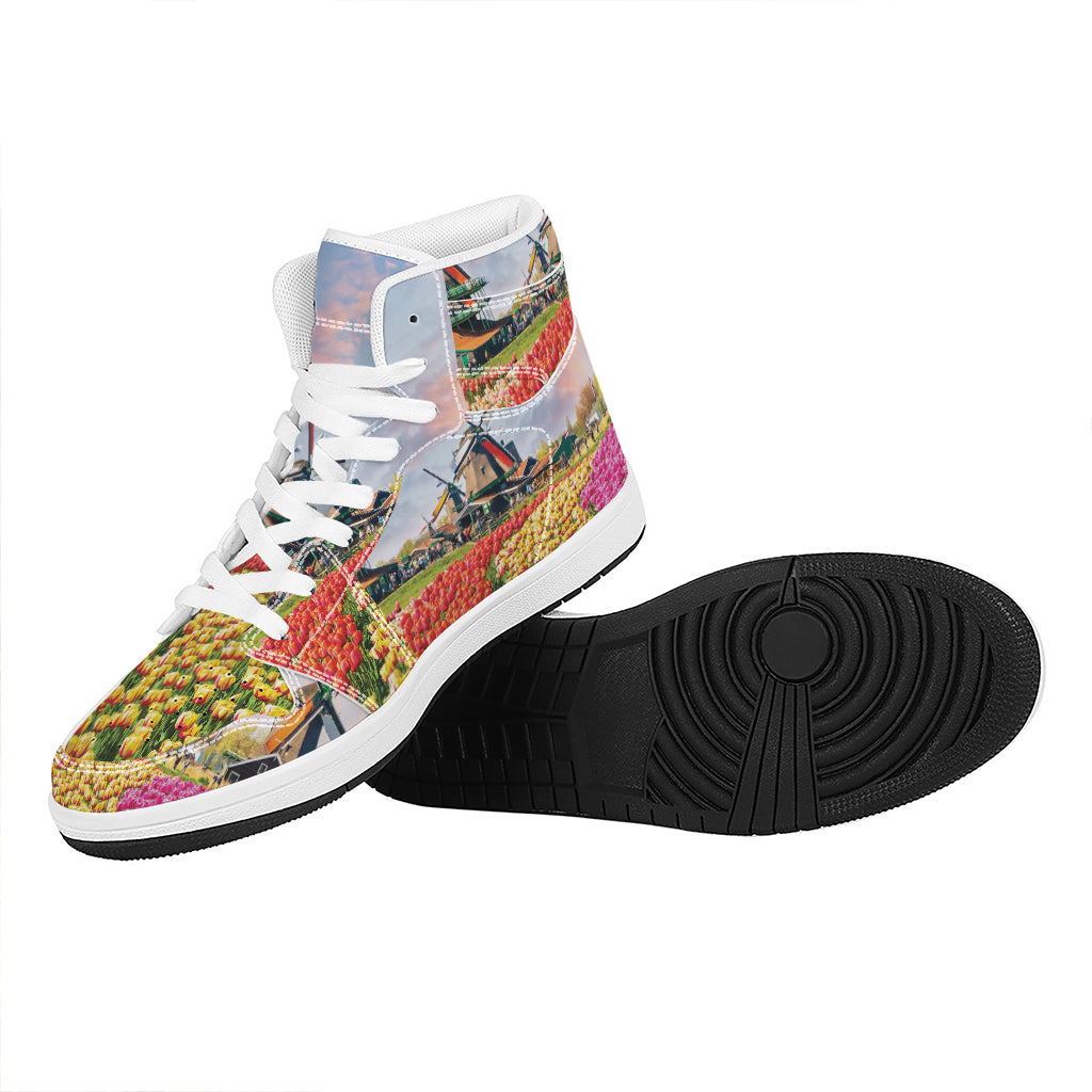 Tulip Field Print High Top Leather Sneakers