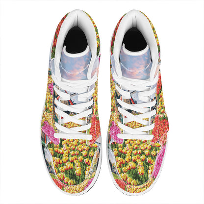 Tulip Field Print High Top Leather Sneakers