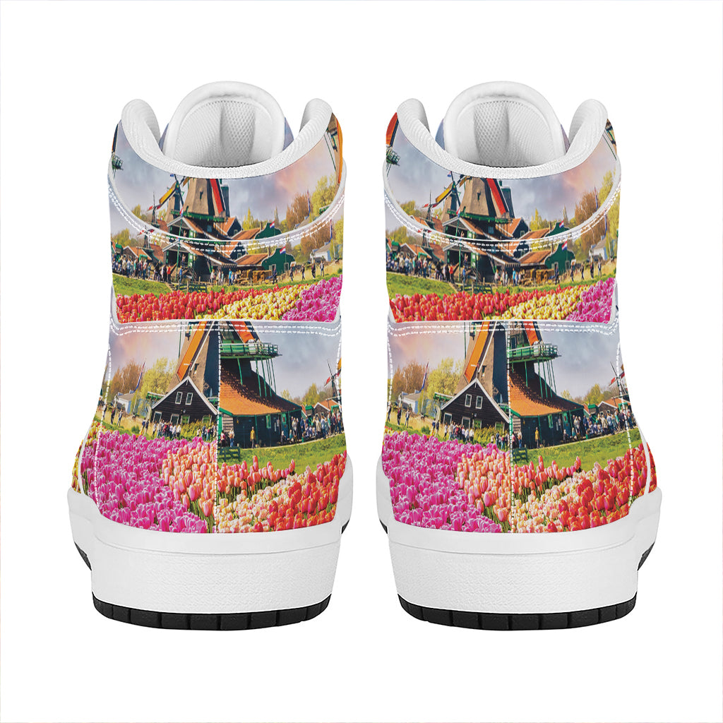 Tulip Field Print High Top Leather Sneakers