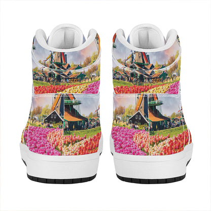 Tulip Field Print High Top Leather Sneakers