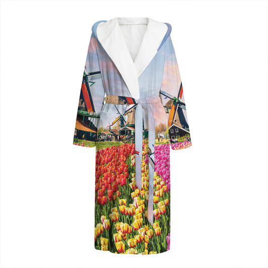 Tulip Field Print Hooded Bathrobe