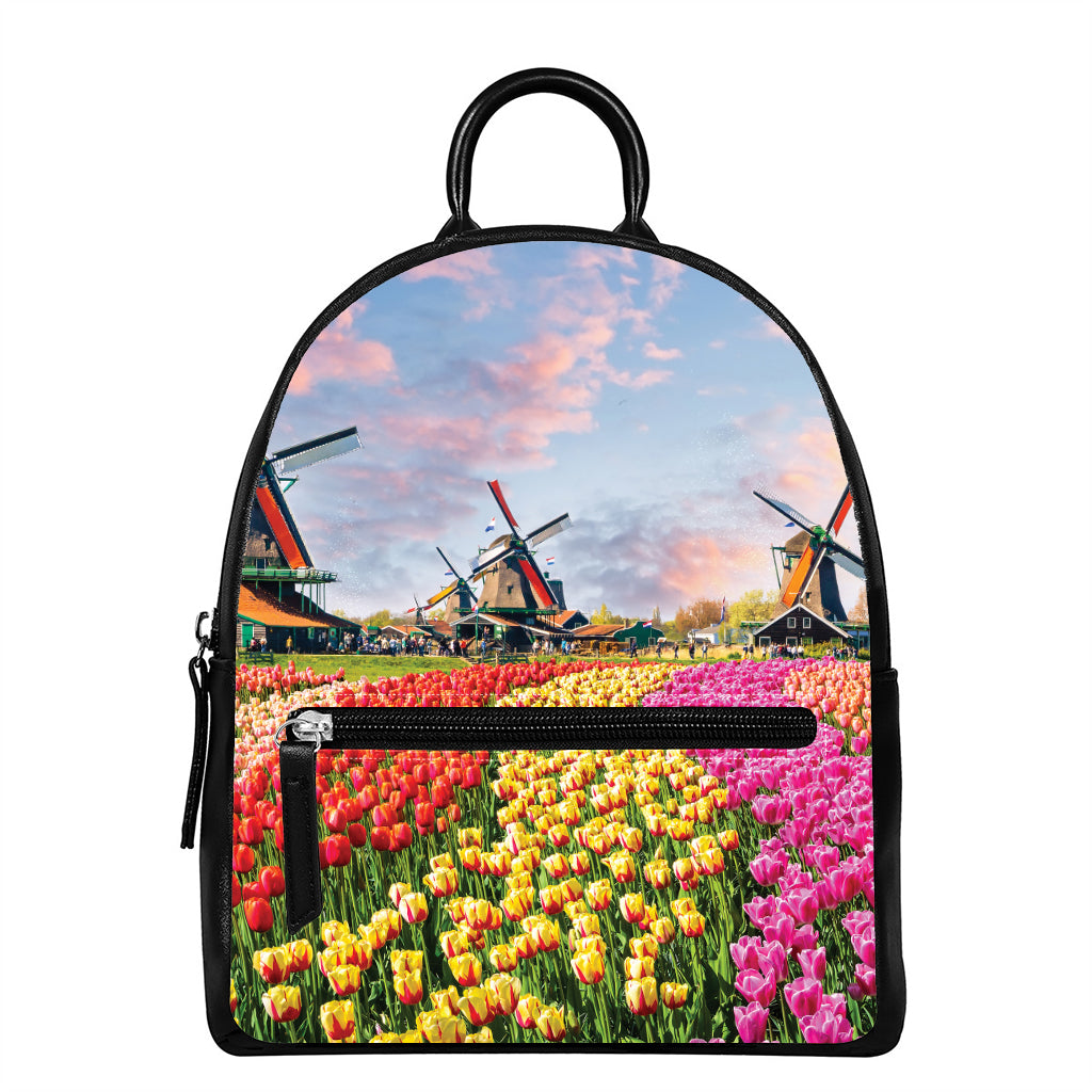 Tulip Field Print Leather Backpack