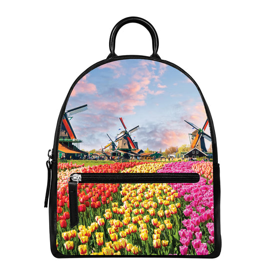 Tulip Field Print Leather Backpack