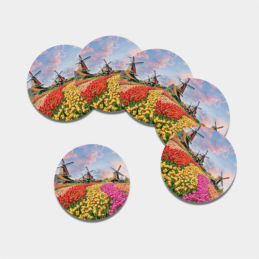 Tulip Field Print Leather Coaster Set