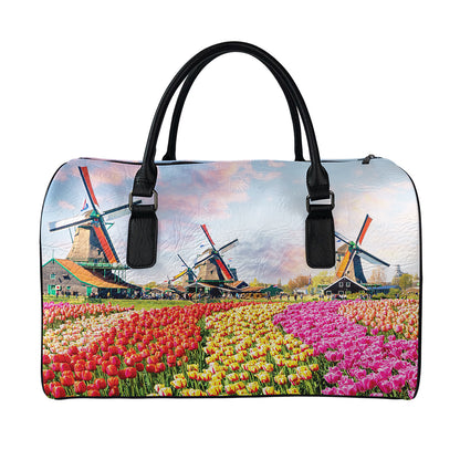 Tulip Field Print Leather Duffle Bag