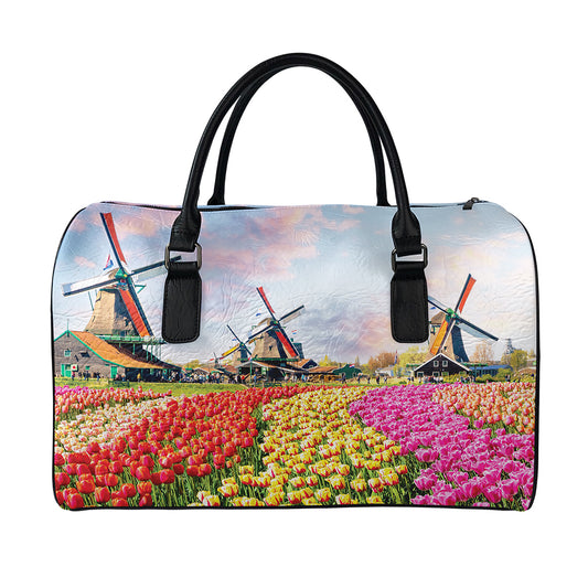 Tulip Field Print Leather Duffle Bag