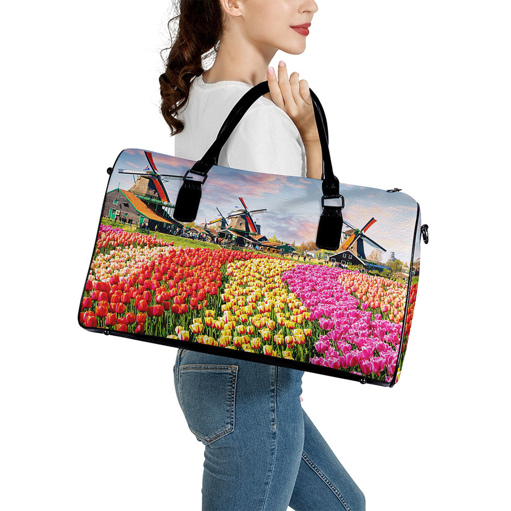 Tulip Field Print Leather Duffle Bag