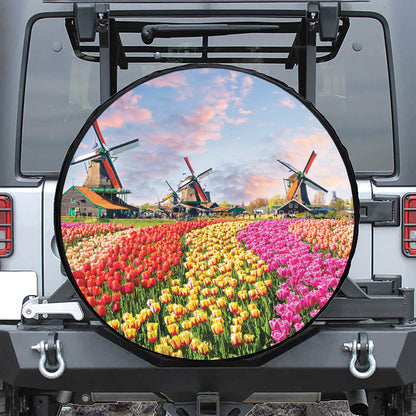 Tulip Field Print Leather Spare Tire Cover