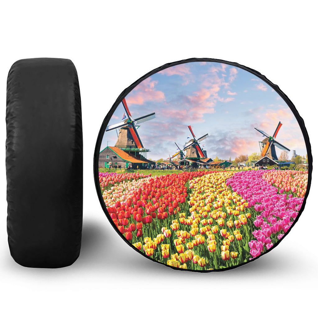 Tulip Field Print Leather Spare Tire Cover